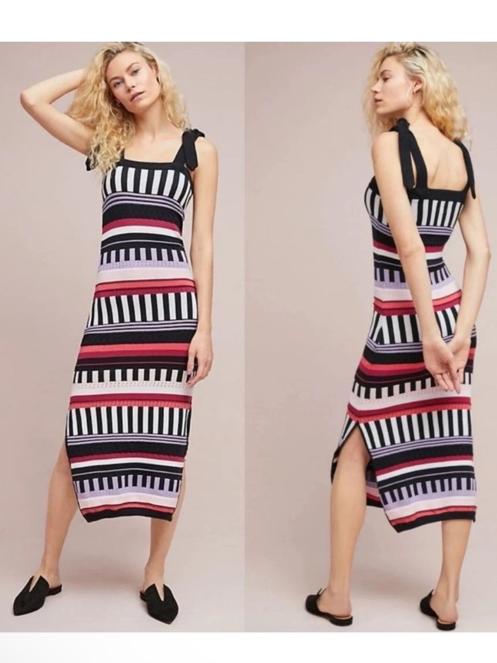 Azulu Anthropologie Piano Stripe Knit Midi Dress Black Multicolor Size 2 Petite